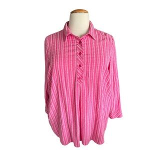 CJ Banks Pink Textured Button Down Blouse Striped Plus Size 2X Shirt Pockets E20